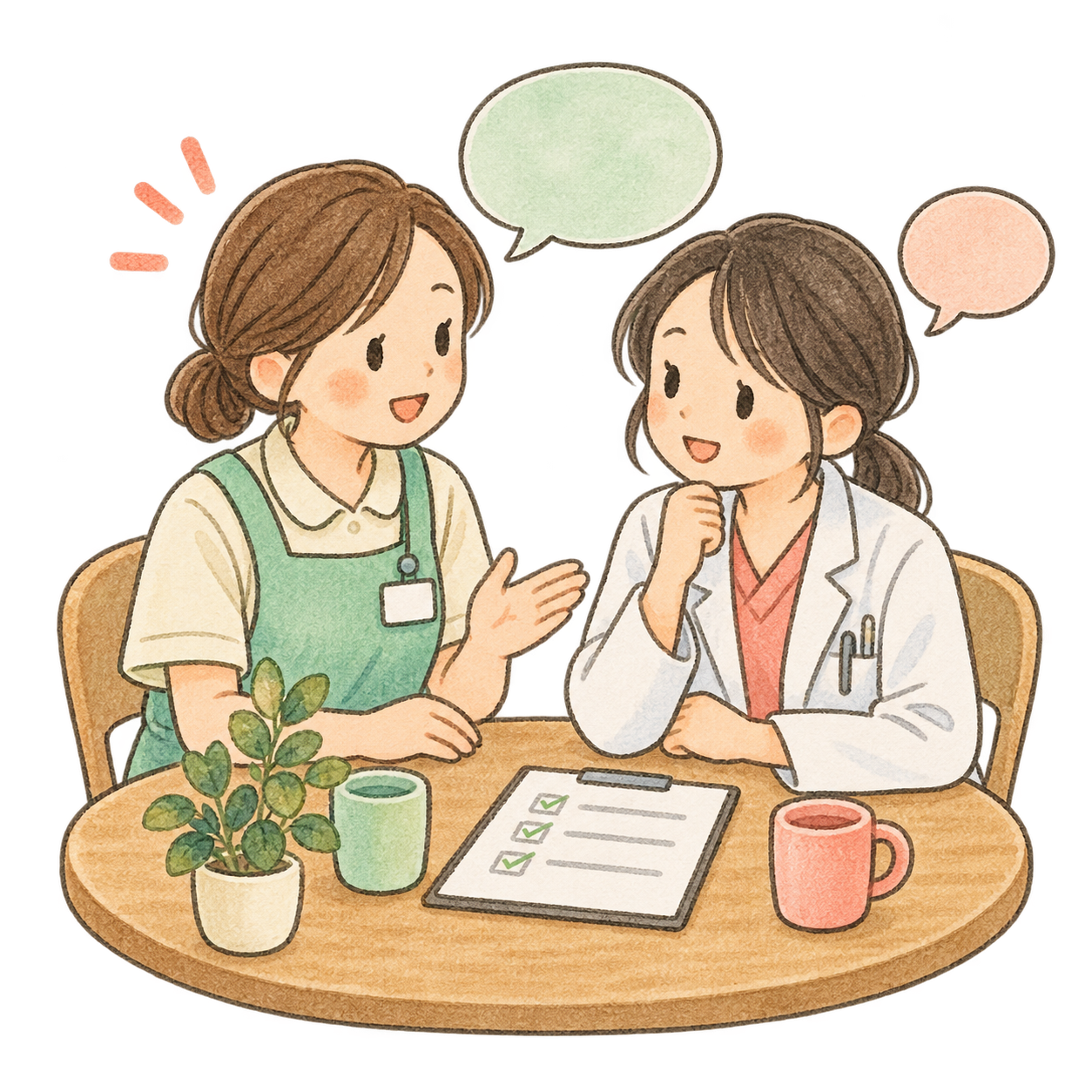 担当者と介護スタッフがチェックリストを囲んで話す手描きイラスト